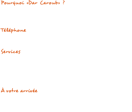 Pourquoi «Dar Caroub» ?  À l’origine un Caroubier ornait le centre du patio et a donné son nom à la maison. Devenu trop énorme, l’arbre a dû être coupé. Il est remplacé par un autre plus petit et planté dans un pot pour limiter sa croissance.
Téléphone Les téléphones portables captent bien surtout depuis la terrasse. Attention : si l’on vous appelle depuis la France, c’est vous qui payez l’acheminement au Maroc...
Services Nadira, dame de service, interviendra obligatoirement pour le ménage un nombre minimum de fois défini par la durée de votre séjour. Le lavage du linge de lit et de toilette fourni est compris dans sa prestation. Elle peut également préparer les repas et faire les courses. Sinon, vous trouverez tous les types de commerces nécessaires à proximité.
À votre arrivée, rendez-vous à «Bab Zorgane» (la porte Zorgane), vous serez accueillis par Nadira ou son frère Hafid, pour vous guider jusqu’à Dar Caroub. Ils vous remettront les clefs et régleront avec vous les éventuels derniers détails pour votre bon séjour.